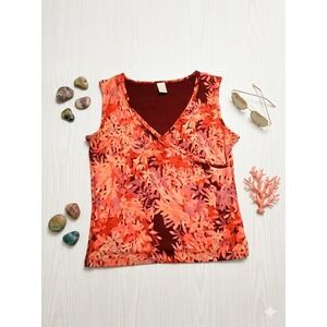 Gap Factory Womens Floral Leaf Faux Wrap V-Neck Tank Top Burgundy Red Small